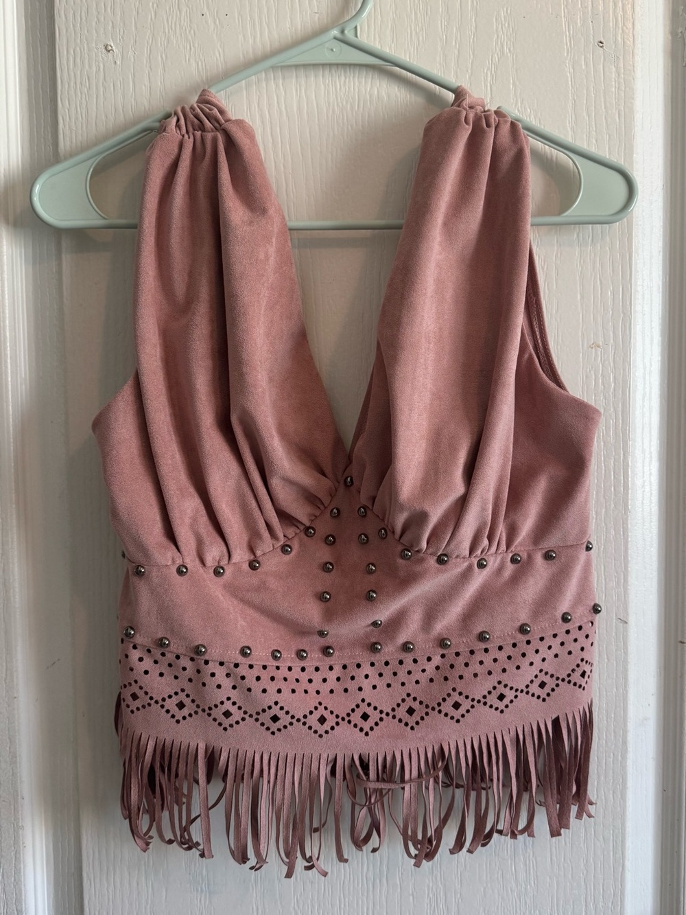 SHEIN Dusty Rose Suede Fringe Studded V-Neck Tank
